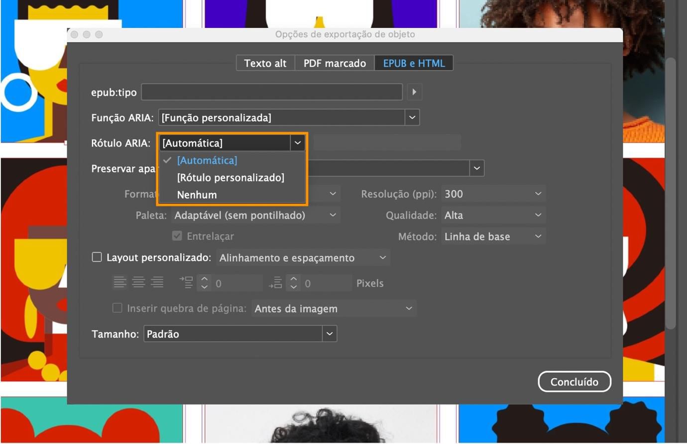 Uma captura de tela mostrando a caixa de diálogo Opções de exportação de objeto com as opções do menu suspenso Rótulo ARIA realçadas.