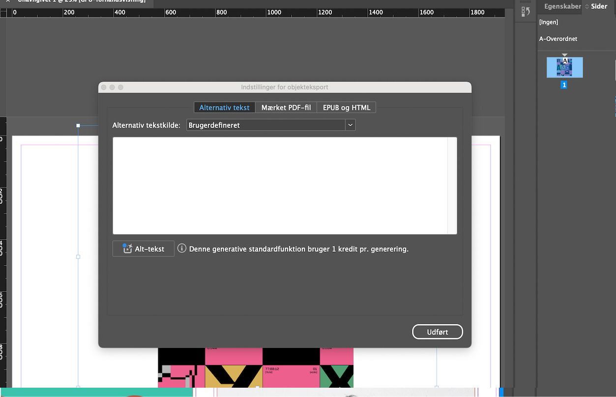 Et skærmbillede, der viser dialogboksen Indstillinger for objekteksport, hvor Alternativ tekstkilde er valgt som brugerdefineret.