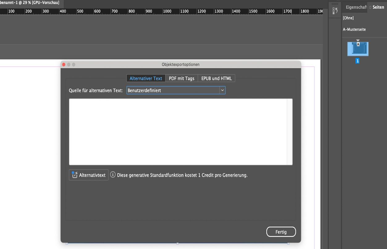 Ein Screenshot, der das Dialogfeld mit den Optionen zum Exportieren von Objekten zeigt, wobei „Alt-Text-Quelle“ vom Benutzer ausgewählt wurde.