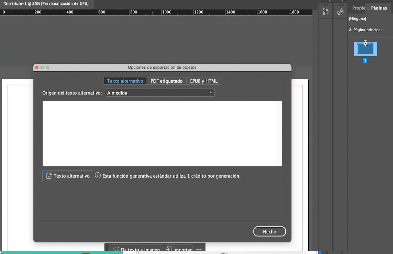 Una captura de pantalla que muestra el cuadro de diálogo Opciones de exportación de objetos, con Fuente de texto alternativo seleccionada como Personalizada.