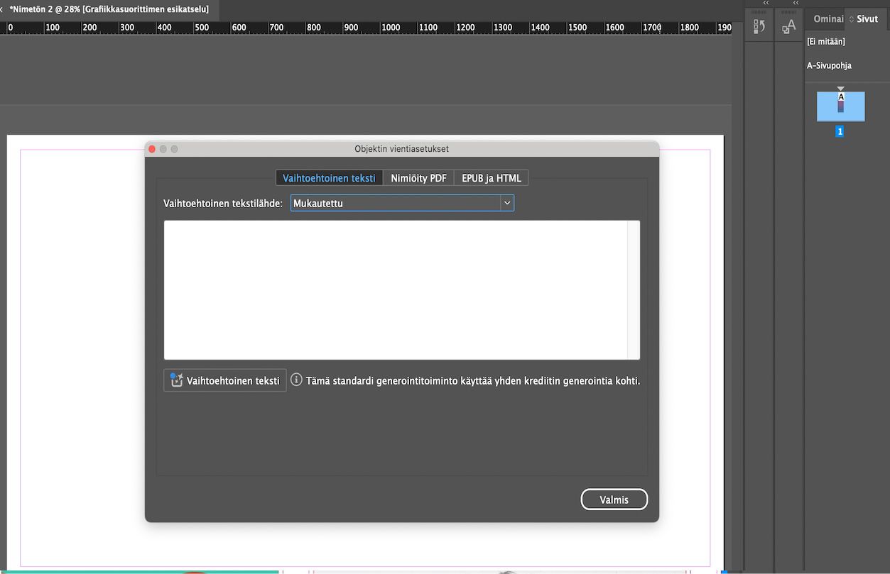 Näyttökuva Objektin vientiasetukset -valintaikkunasta, jossa Vaihtoehtoehtoisen tekstin lähde -kohdassa on valittuna Mukautettu.