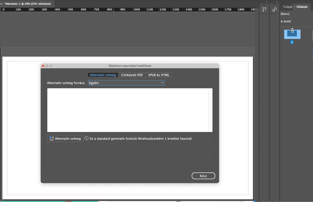 Képernyőkép az Objektum exportálási beállításai párbeszédpanelről, ahol az alternatív szöveg forrása egyéni értékre van állítva.