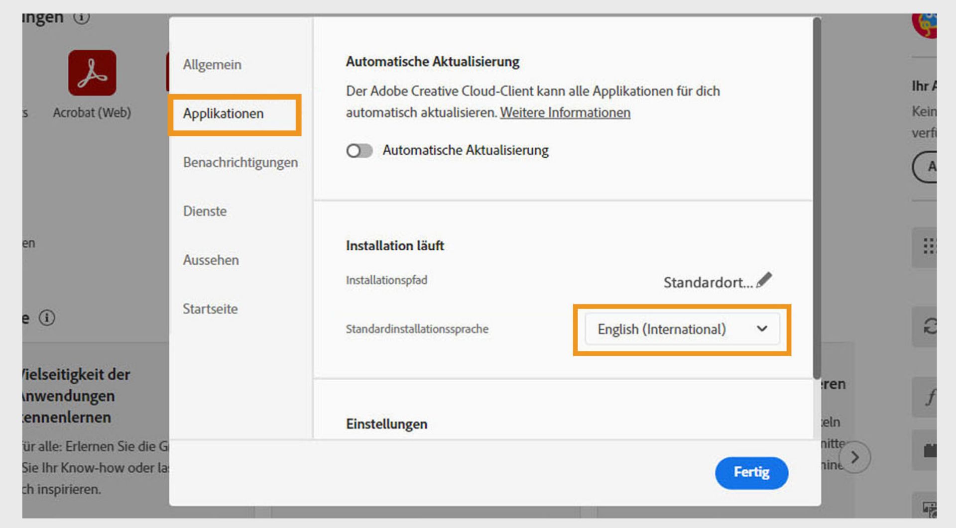 Das Dropdown-Menü für die Standardinstallationssprache findest du im Abschnitt „Installieren&quot; des Tabs „Anwendungen&quot;.Du kannst das Dropdown-Menü verwenden, um die Standardinstallationssprache für deine Anwendungen zu ändern.