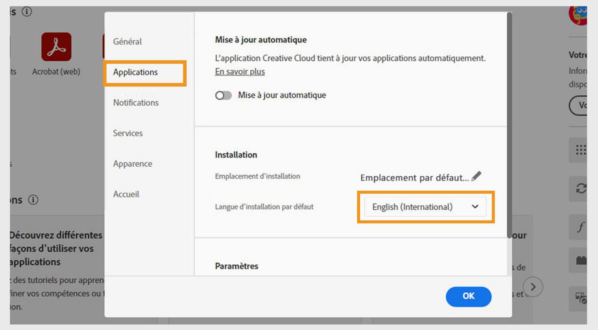 Le menu déroulant Langue d'installation par défaut est disponible dans la section Installation de l'onglet Applications.Vous pouvez utiliser le menu déroulant pour modifier la langue d'installation par défaut de vos applis.