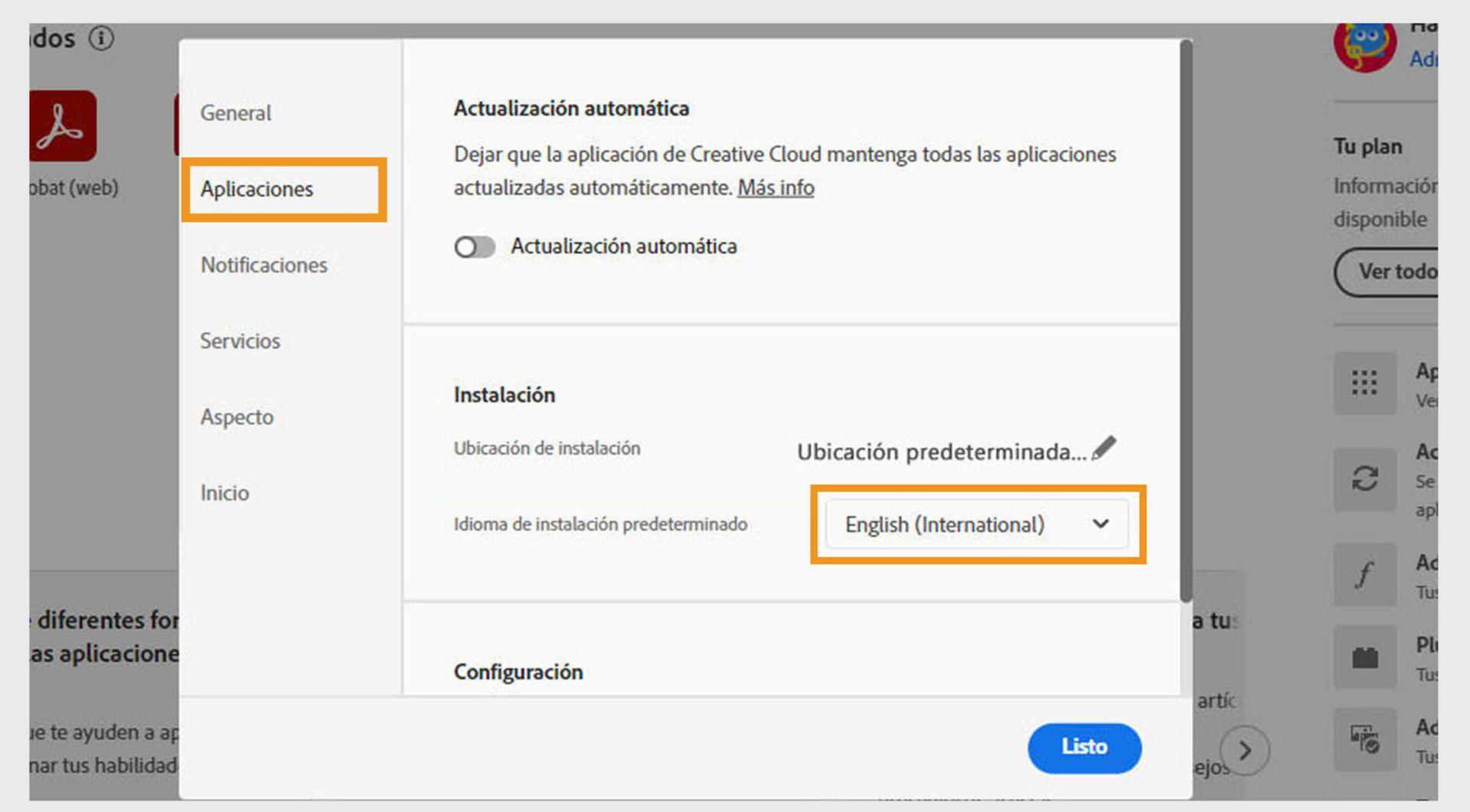 El menú desplegable del idioma de instalación predeterminado está disponible en la sección Instalación de la pestaña Aplicaciones. Puede utilizar el menú desplegable para cambiar el idioma de instalación predeterminado de sus aplicaciones. 