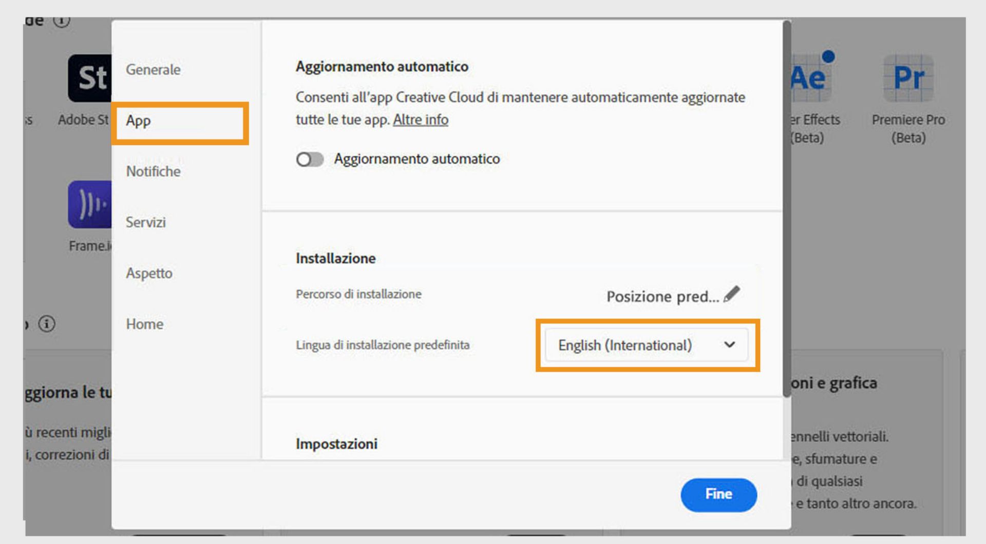 Il menu a discesa Lingua di installazione predefinita è disponibile nella sezione Installazione della scheda App. Puoi utilizzare il menu a discesa per cambiare la lingua di installazione predefinita per le tue app. 