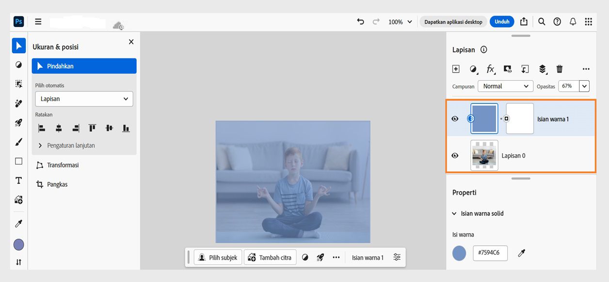 Lapisan Isian warna solid telah ditambahkan ke panel Lapisan. Hal ini dapat disesuaikan lebih lanjut sesuai dengan persyaratan.