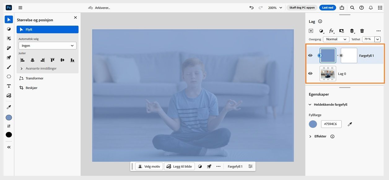 Et fyllag med heldekkende farge er lagt til i Lag-panelet. Det kan justeres etter behov.