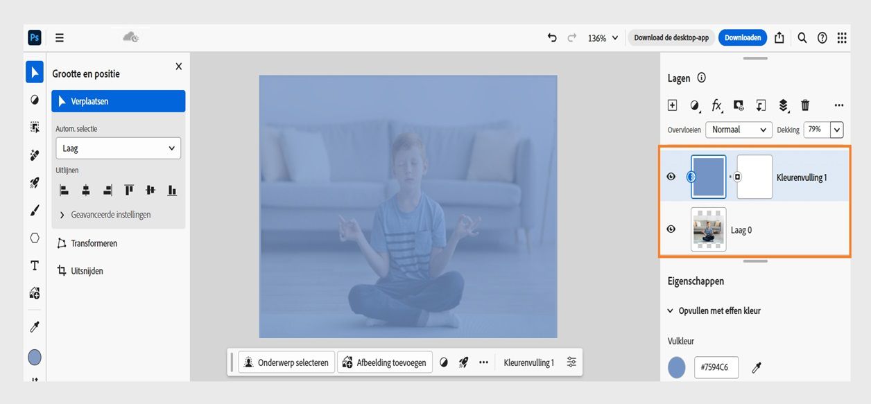 Er is een opvullaag met effen kleur toegevoegd aan het deelvenster Lagen. Dit kan verder worden aangepast op basis van de vereisten.
