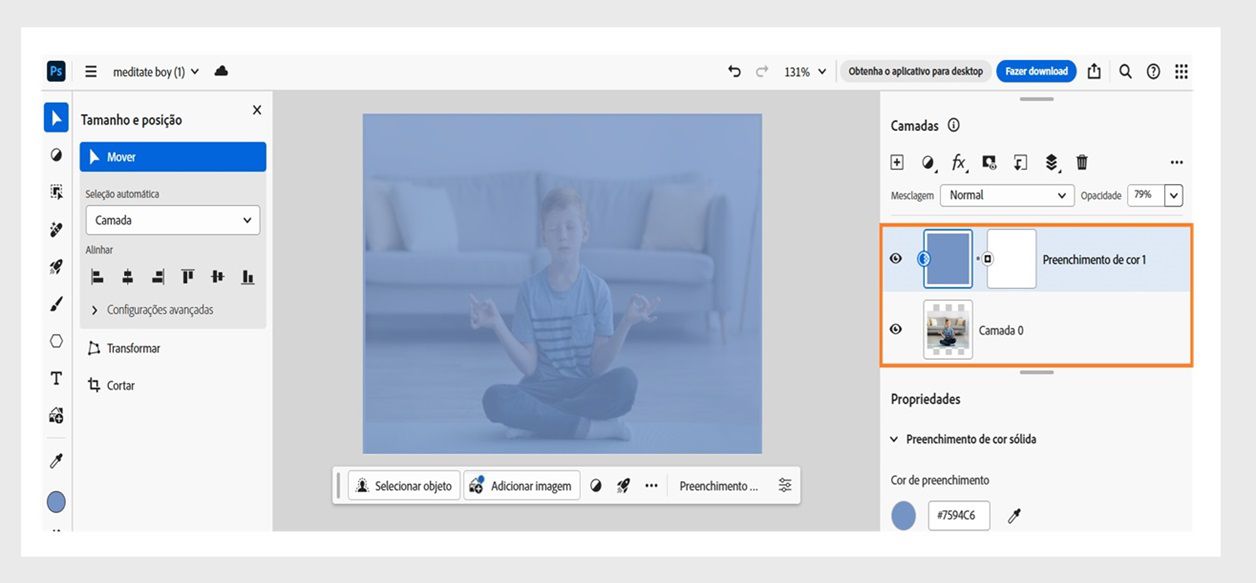 Uma camada de preenchimento de cor sólida foi adicionada ao painel Camadas. Ela pode ser ajustada de acordo com as necessidades.