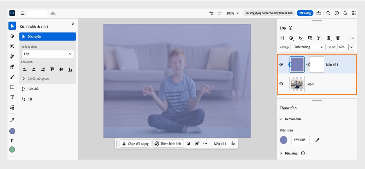 Lớp đổ màu trơn đã được thêm vào bảng Lớp. Có thể điều chỉnh thêm theo nhu cầu.