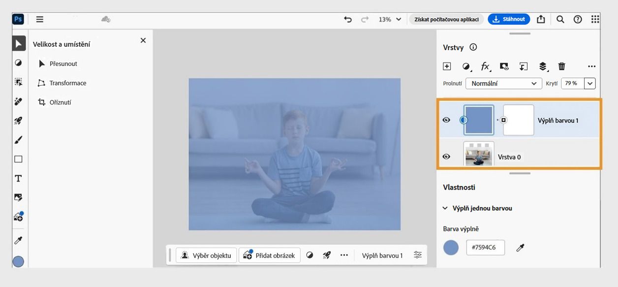 Na panelu Vrstvy je přidaná vrstva výplně plnou barvou. Je možné ji dále upravit podle potřeby.