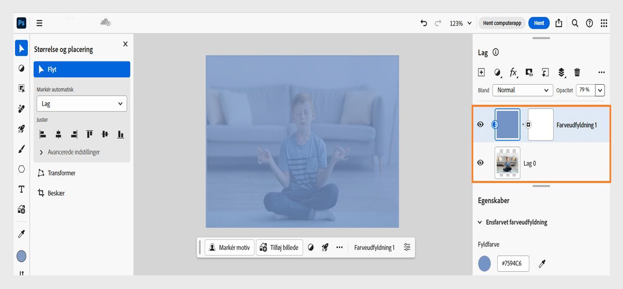 Der er føjet et ensfarvet farveudfyldningslag til panelet Lag. Det kan justeres yderligere.