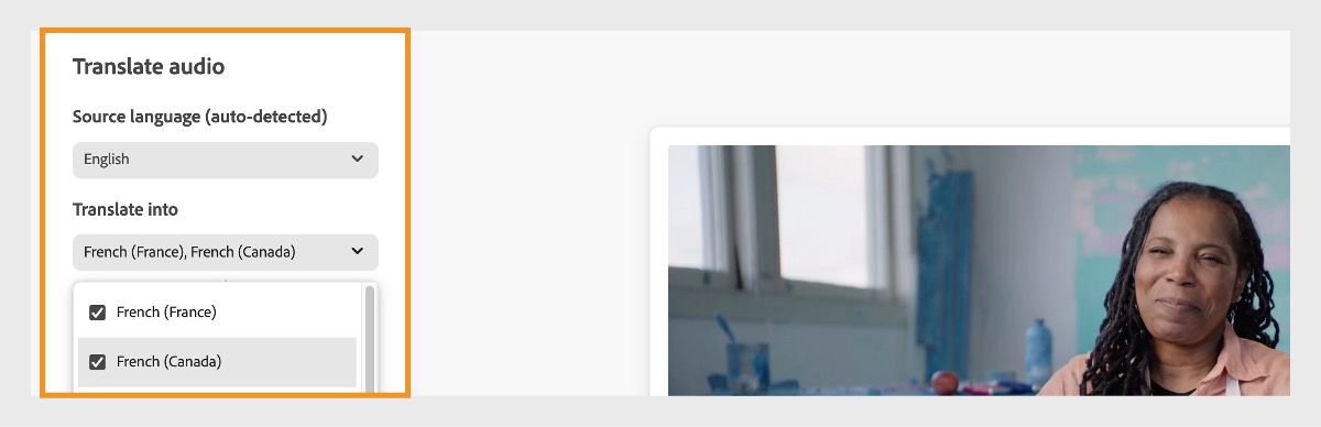 A video is uploaded and under the Translate audio section, there are two options - Source language and Translate into. In the Source language dropdown menu, English is detetcted and in the Translate into, French for France and Canada is selected.