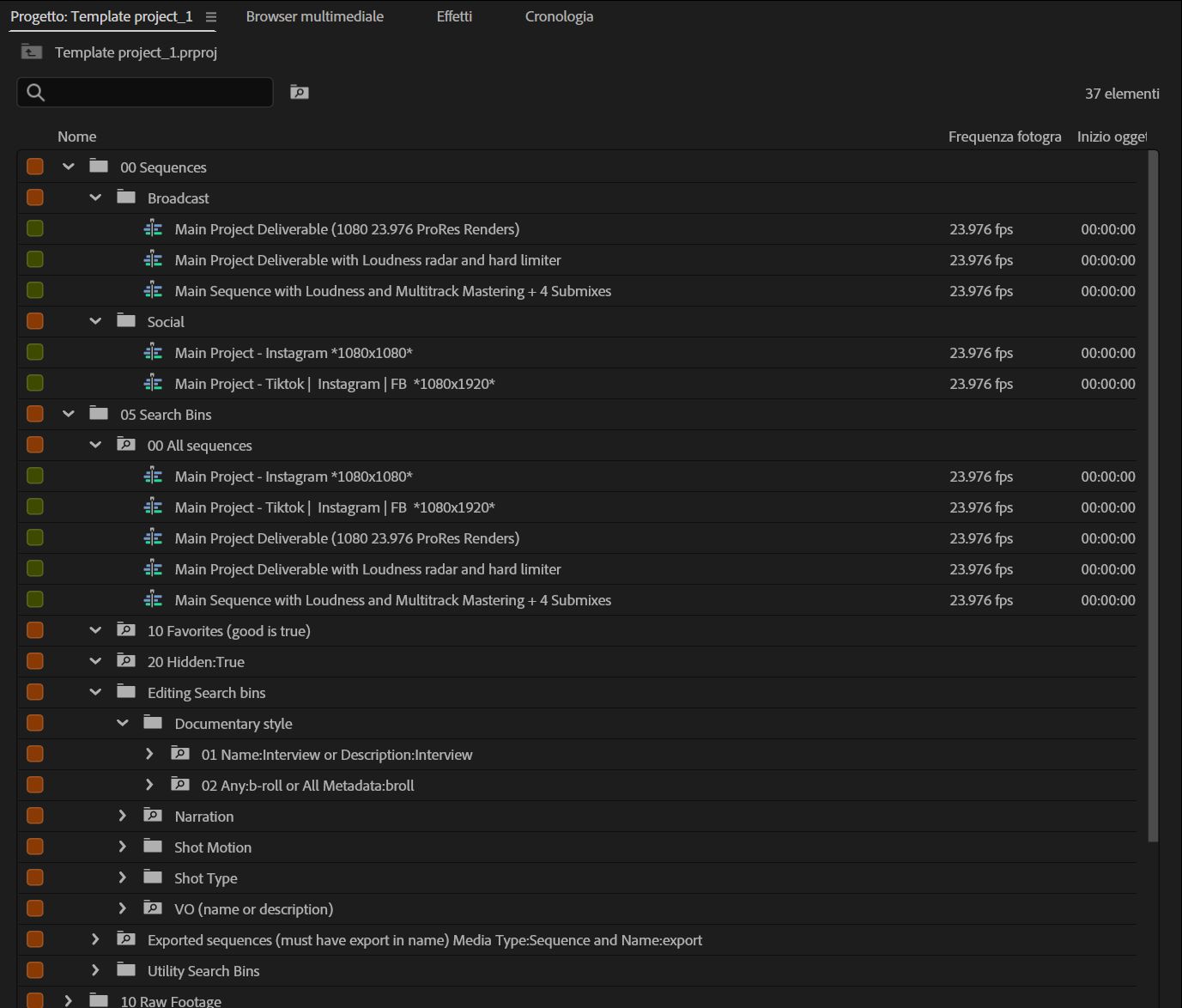 Vista dei file modello di progetto nel pannello Progetto.