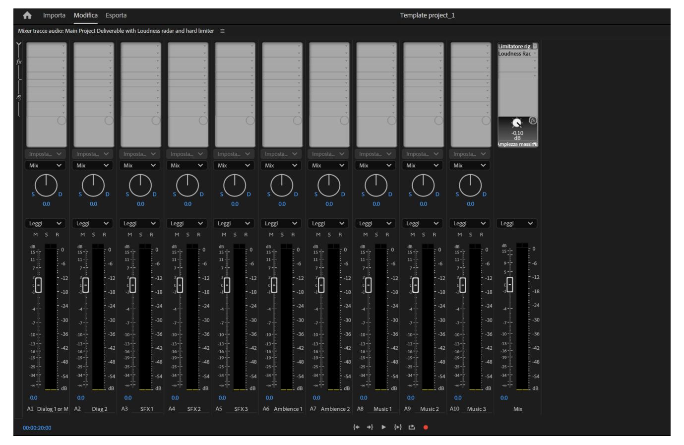 Una vista del master multicanale del progetto con i relativi submix.