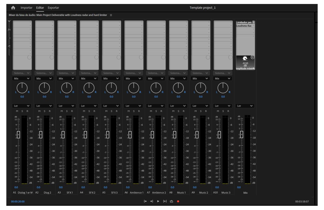 Uma exibição do master multicanal do projeto com suas submixagens.