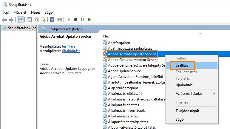 Az Adobe Acrobat frissítése szolgáltatás leállítása