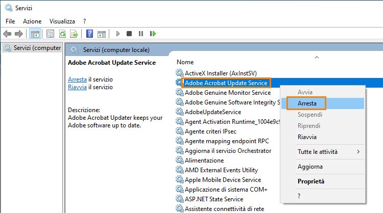 Interruzione di Adobe Acrobat Update Service