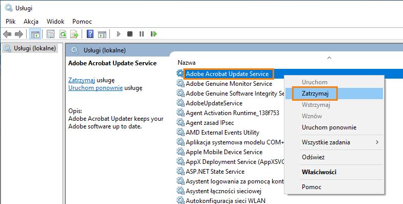 Zatrzymanie usługi aktualizacji Adobe Acrobat