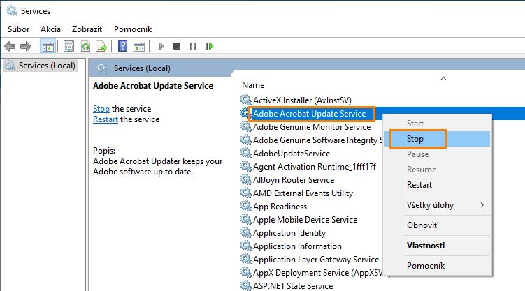 Zastavte službu aktualizácie aplikácie Adobe Acrobat