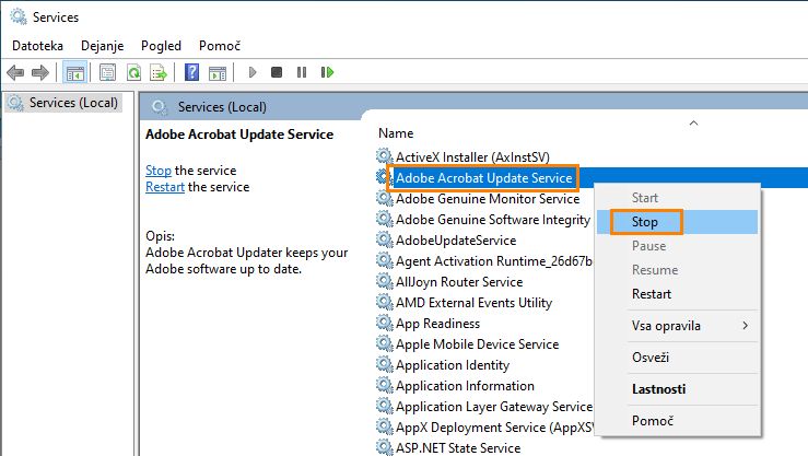 Ustavite storitev Adobe Acrobat Update