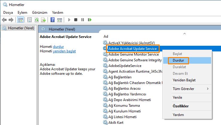 Adobe Acrobat Güncelleme Servisi'ni durdurun