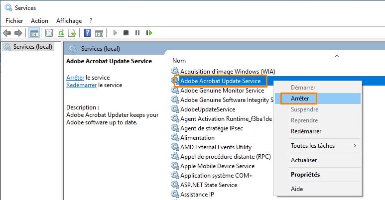 Arrêtez le service de mise à jour Adobe Acrobat
