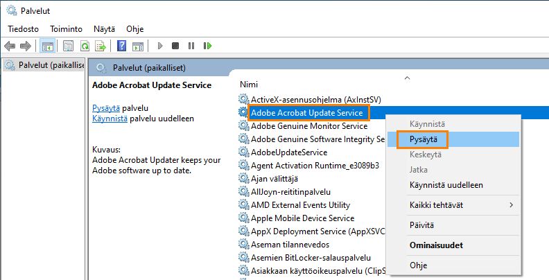 Pysäytä Adobe Acrobat Update Service -palvelu