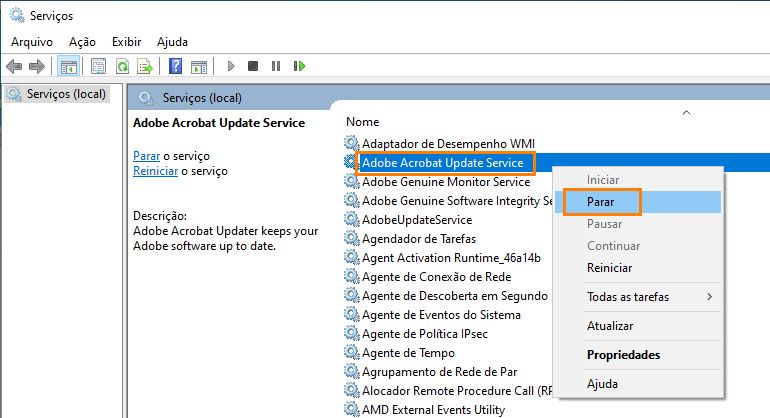 Parar o serviço de atualização do Adobe Acrobat