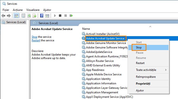 Opriți serviciul de actualizare Adobe Acrobat