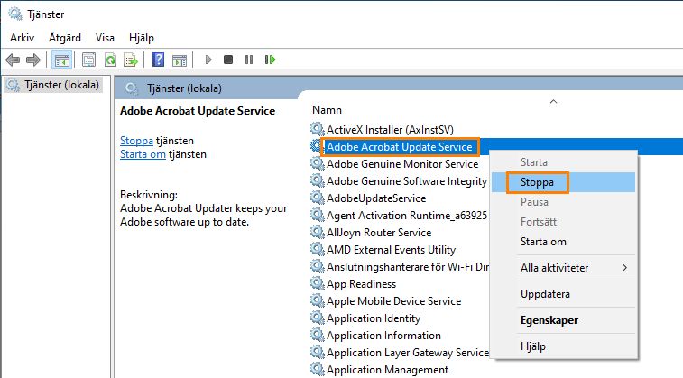 Stoppa Adobe Acrobat-uppdateringstjänst