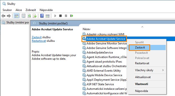 Zastavení služby Adobe Acrobat Update Service