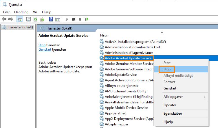 Stop tjenesten Adobe Acrobat-opdatering