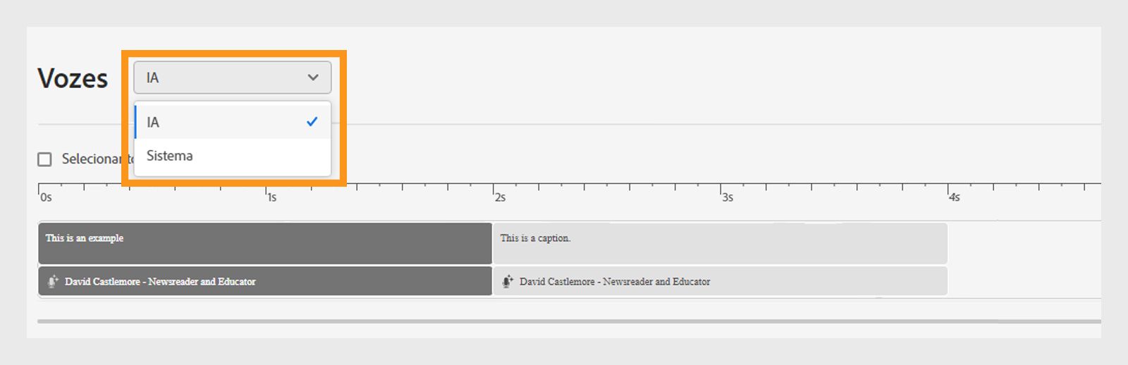 Selecione vozes de IA ou do Sistema no menu suspenso.