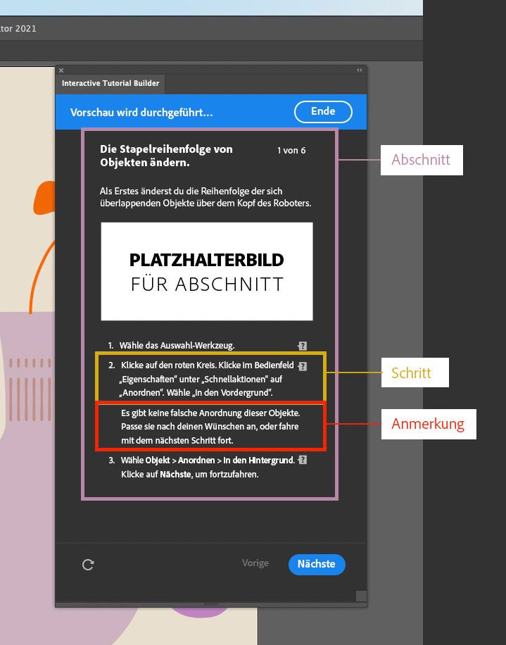 Beispiel für einen Abschnitt und zugehörige Schritte in einem Illustrator-Tutorial