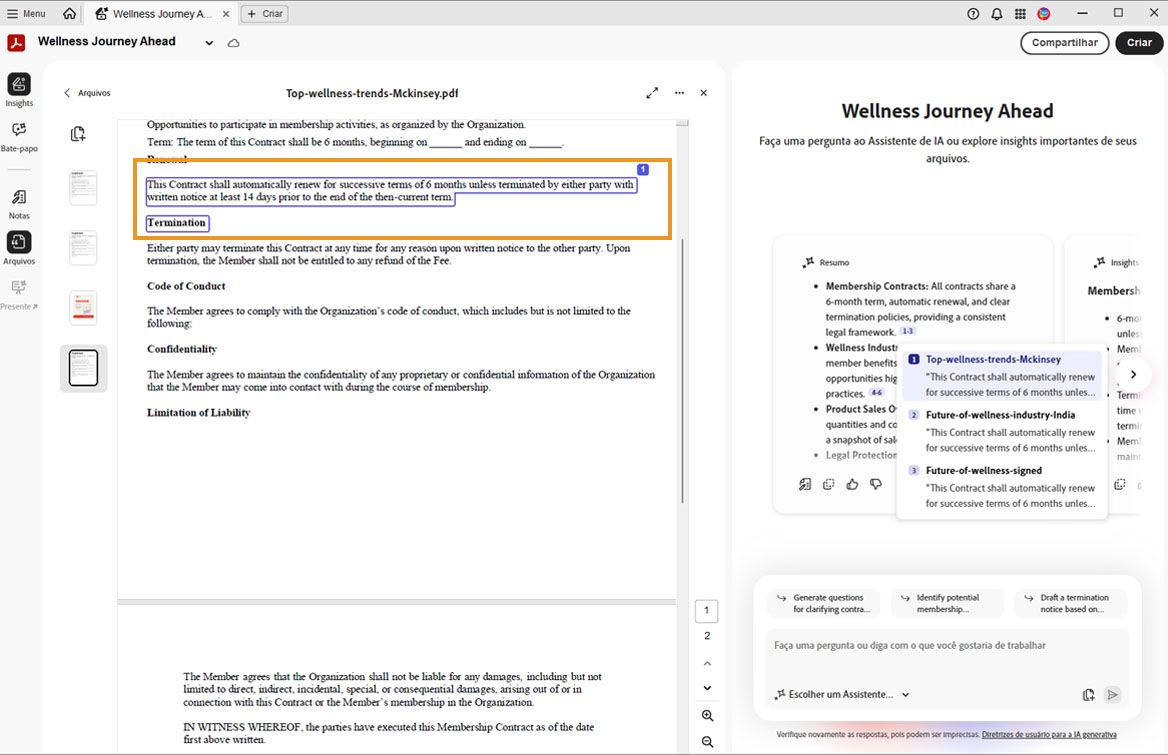 O conteúdo gerado por IA no PDF Spaces mostra citações clicáveis para revelar detalhes da origem para verificação e compreensão mais profunda.