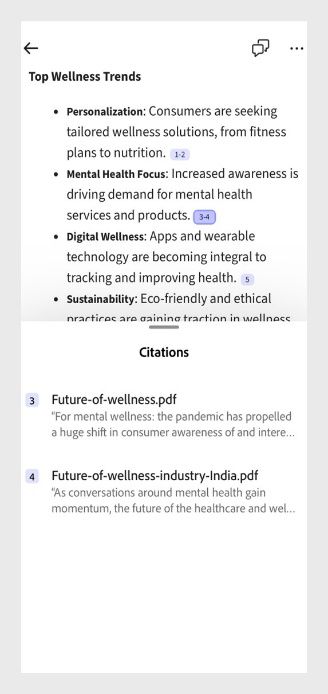 El contenido generado por IA en Proyectos de Acrobat muestra citas activas para revelar detalles de la fuente para su verificación y una comprensión más profunda.