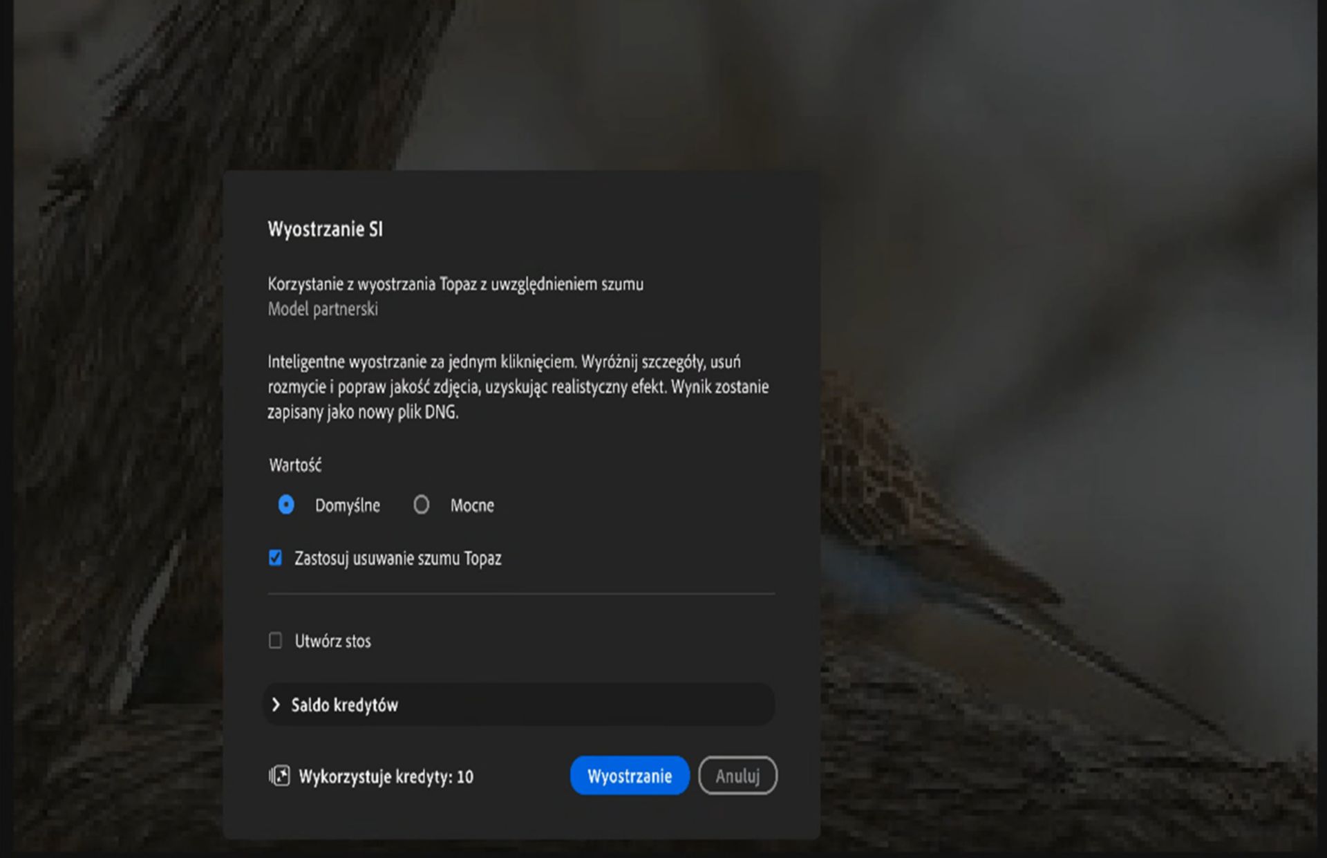 Okno dialogowe Wyostrzanie SI w programie Adobe Lightroom pokazujące opcje wyostrzania, w tym ustawienia siły (Domyślne i Silne), opcję Zastosuj Topaz Denoise, Utwórz stos, wykorzystanie kredytów i przycisk Wyostrz.