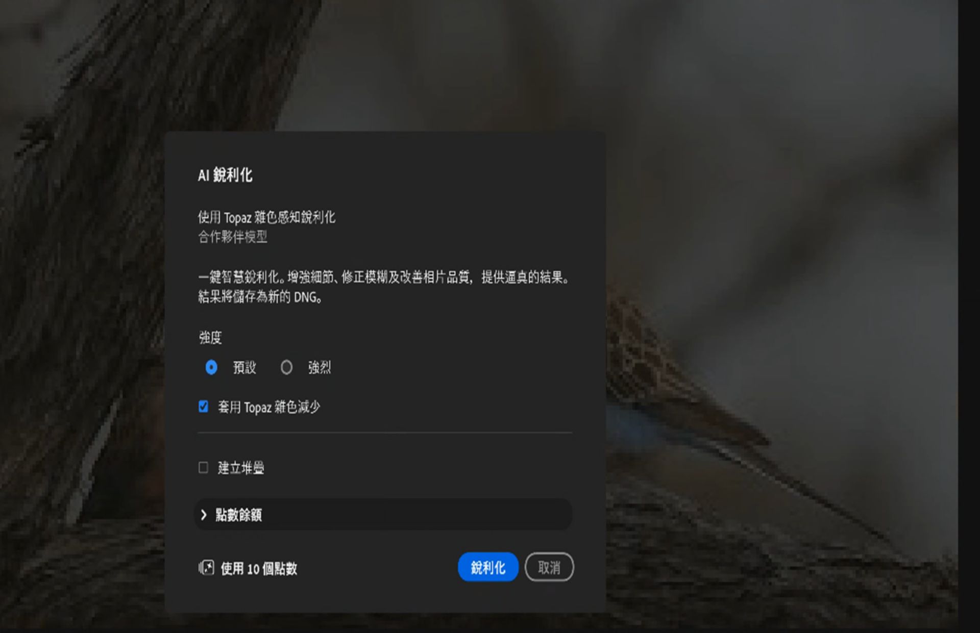Adobe Lightroom 中的 AI 銳利化對話框，顯示銳利化選項，包含強度設定（預設和加強）、套用 Topaz 雜訊移除、建立堆疊、點數使用狀況和銳利化按鈕。
