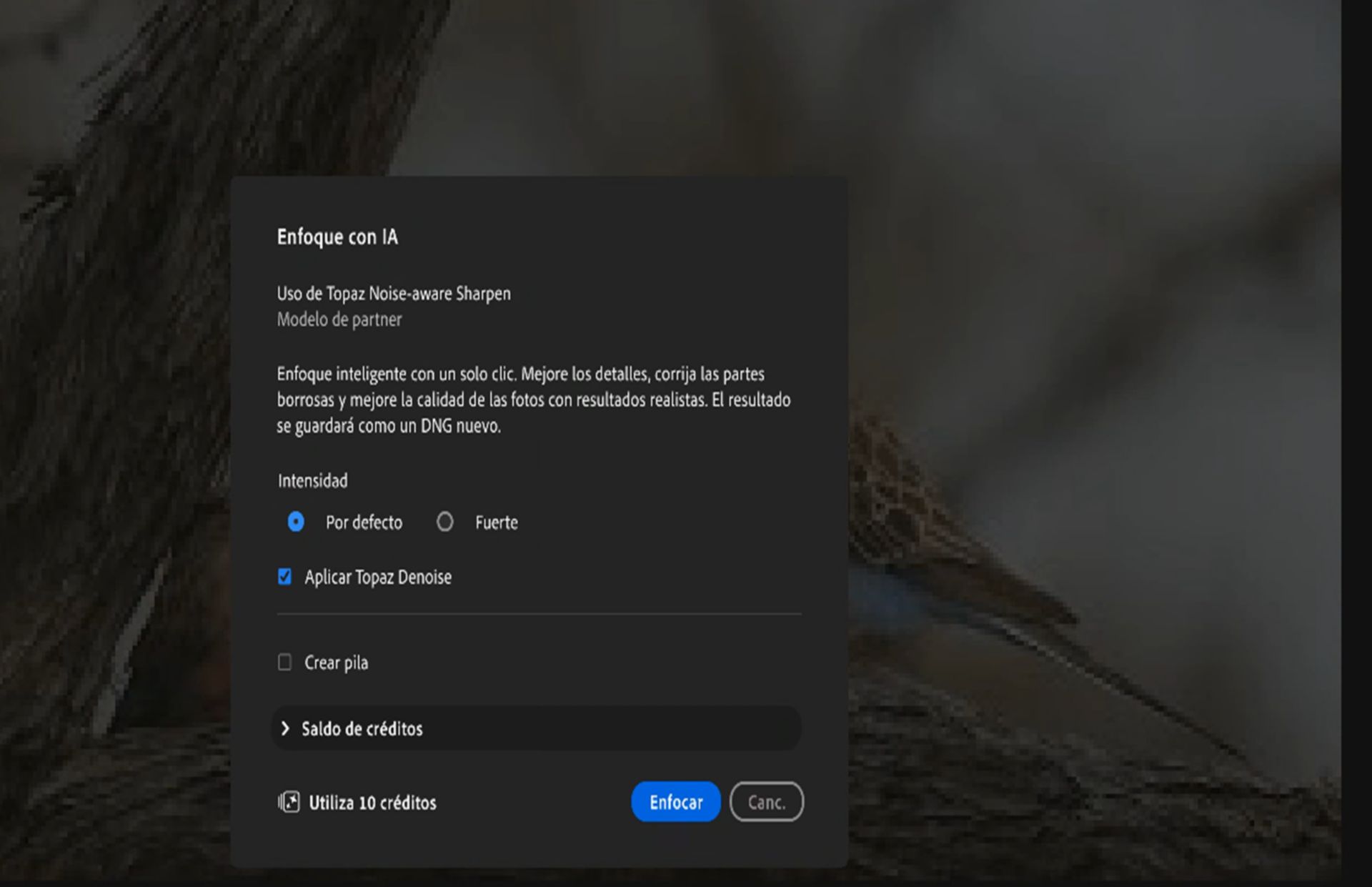 Cuadro de diálogo de Enfoque con IA en Adobe Lightroom que muestra las opciones de enfoque, incluida la configuración de Intensidad (Predeterminada y Fuerte), Aplicar Topaz Denoise, Crear pila, el uso de créditos y el botón Enfocar.