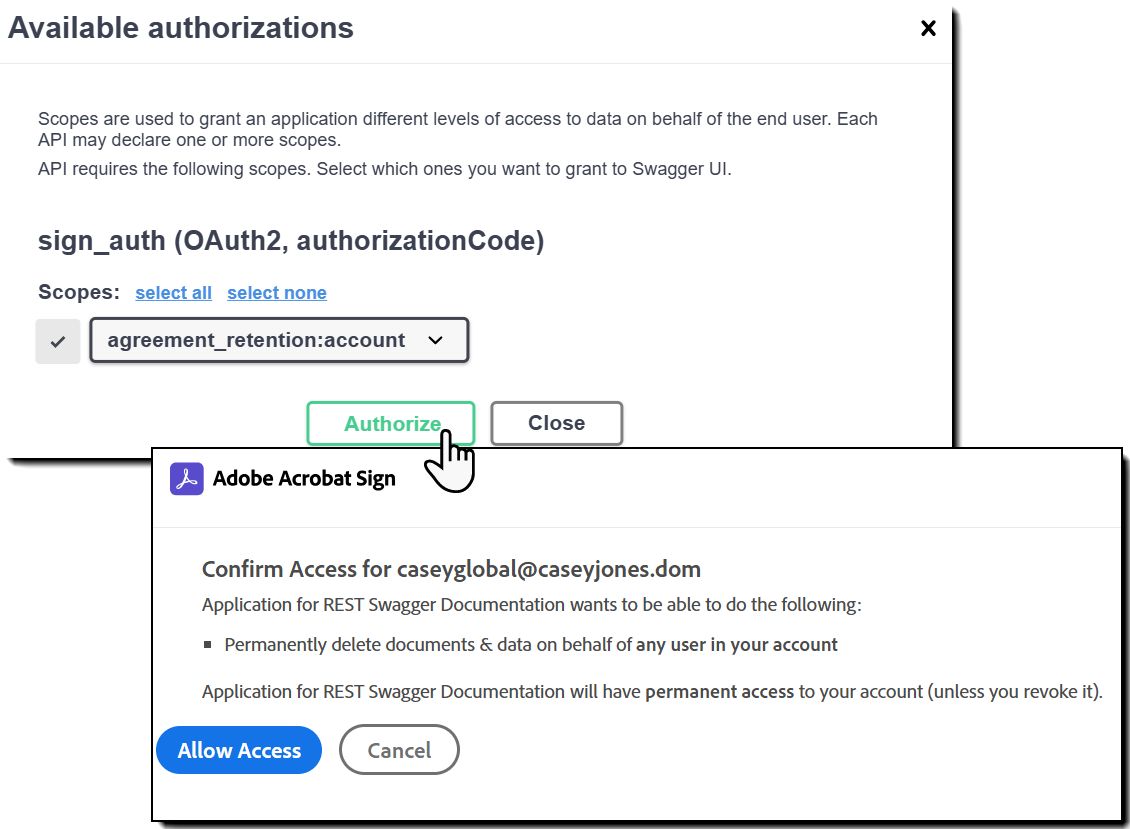 Pagina Swagger che mostra il pannello di autorizzazione dell’ambito