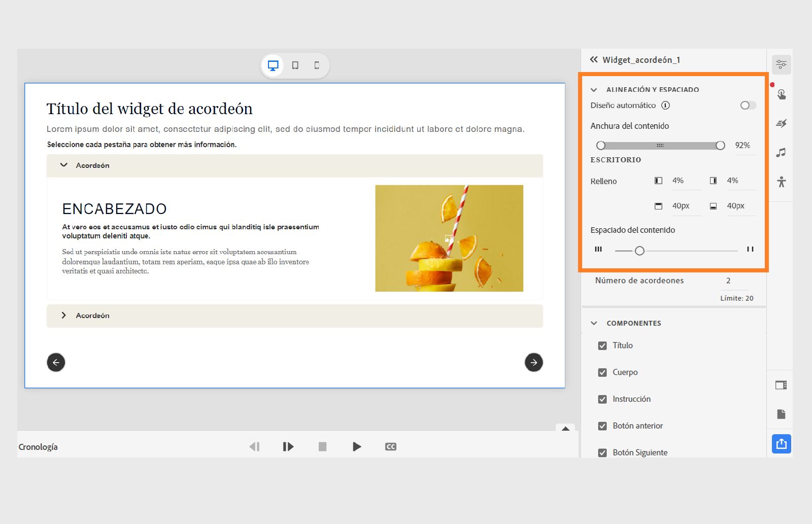 Ajustar la alineación y el espaciado de un widget de acordeón