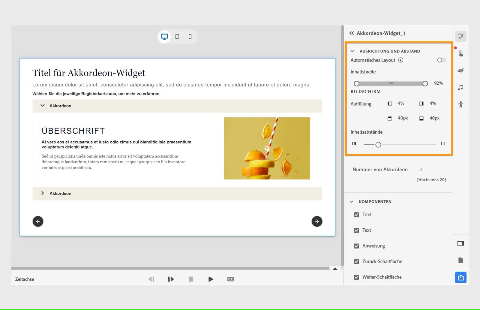 Anpassen von Ausrichtung und Abstand für ein Akkordeon-Widget