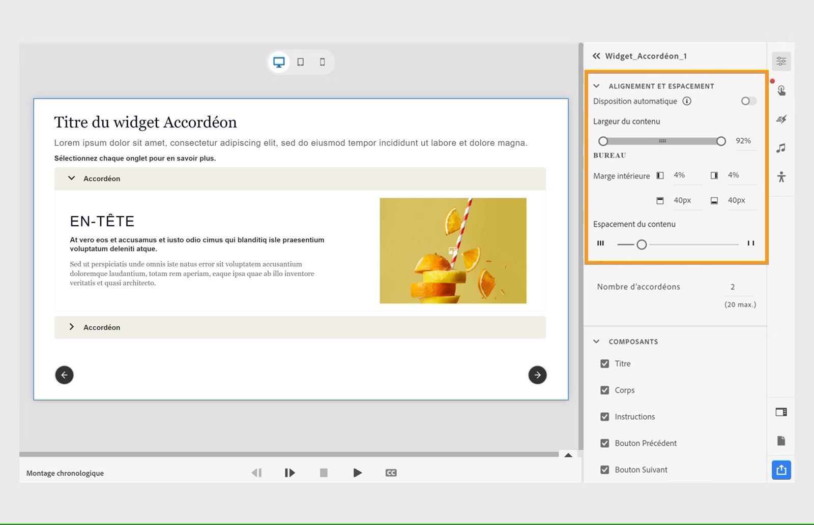 Réglage de l’alignement et de l’espacement d’un widget accordéon
