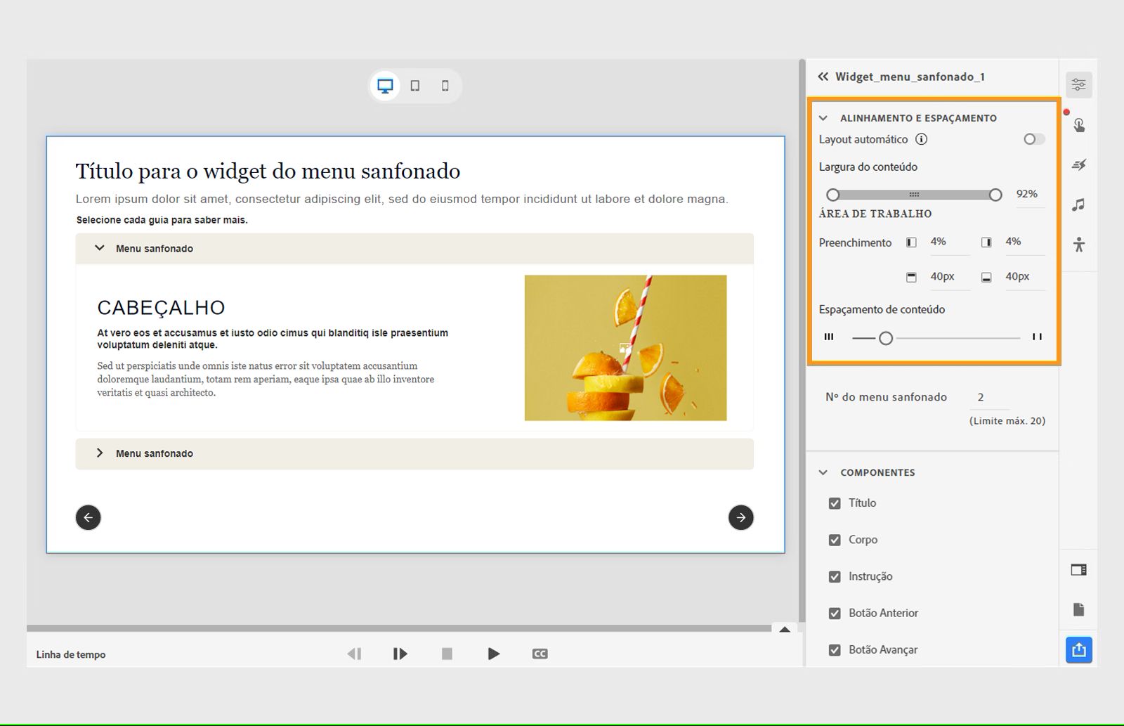 Ajustar o alinhamento e o espaçamento de um widget de menu sanfonado