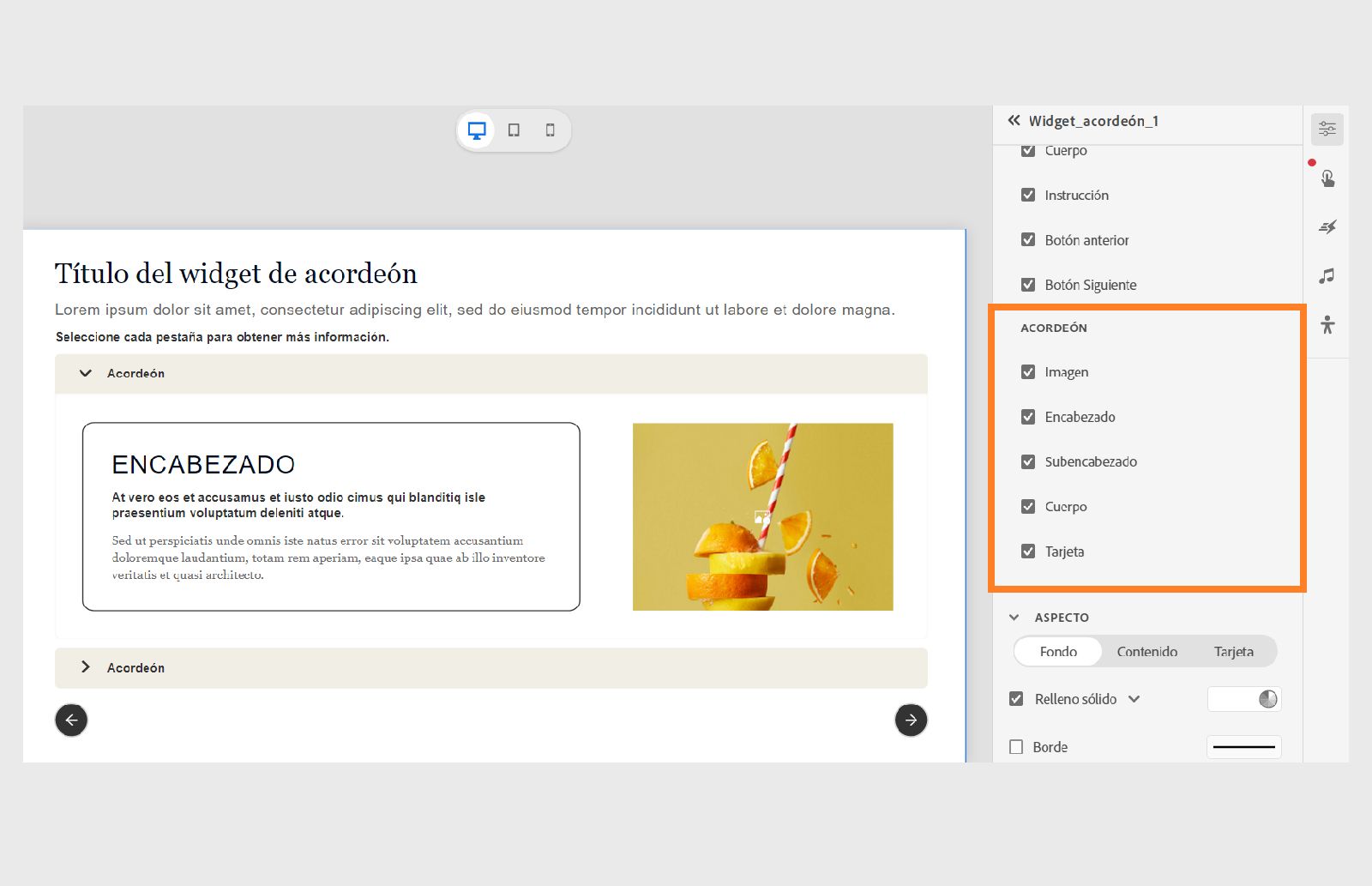 Componentes de una ficha de acordeón