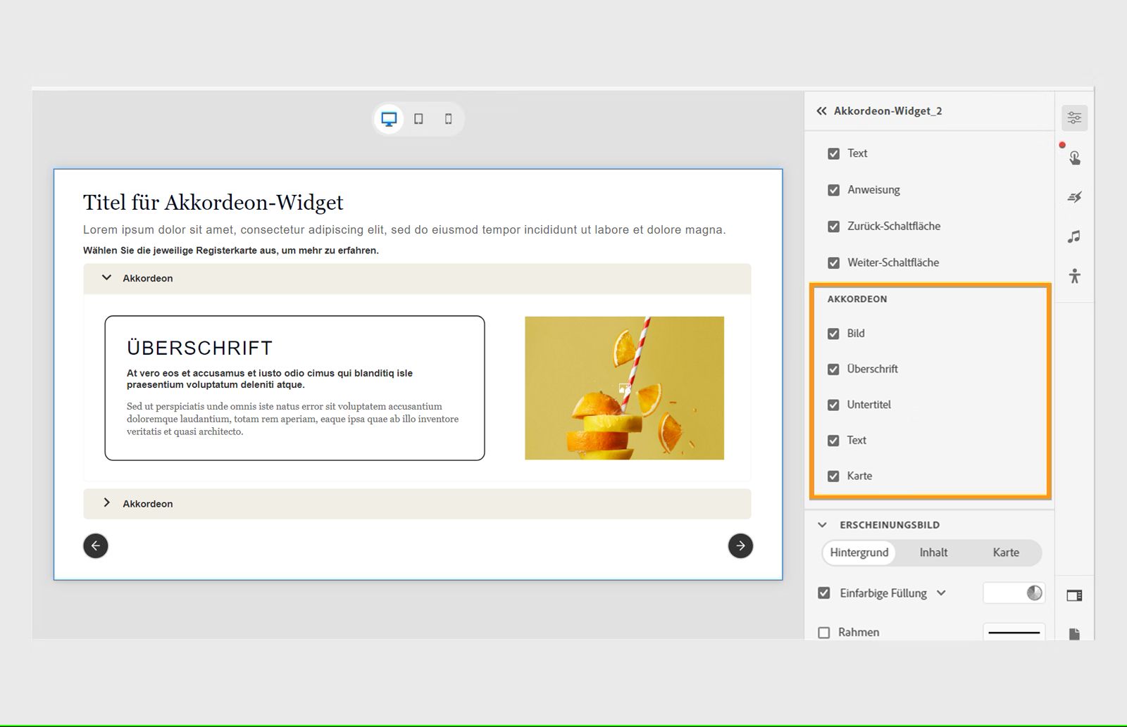 Komponenten in einer Akkordeon-Registerkarte