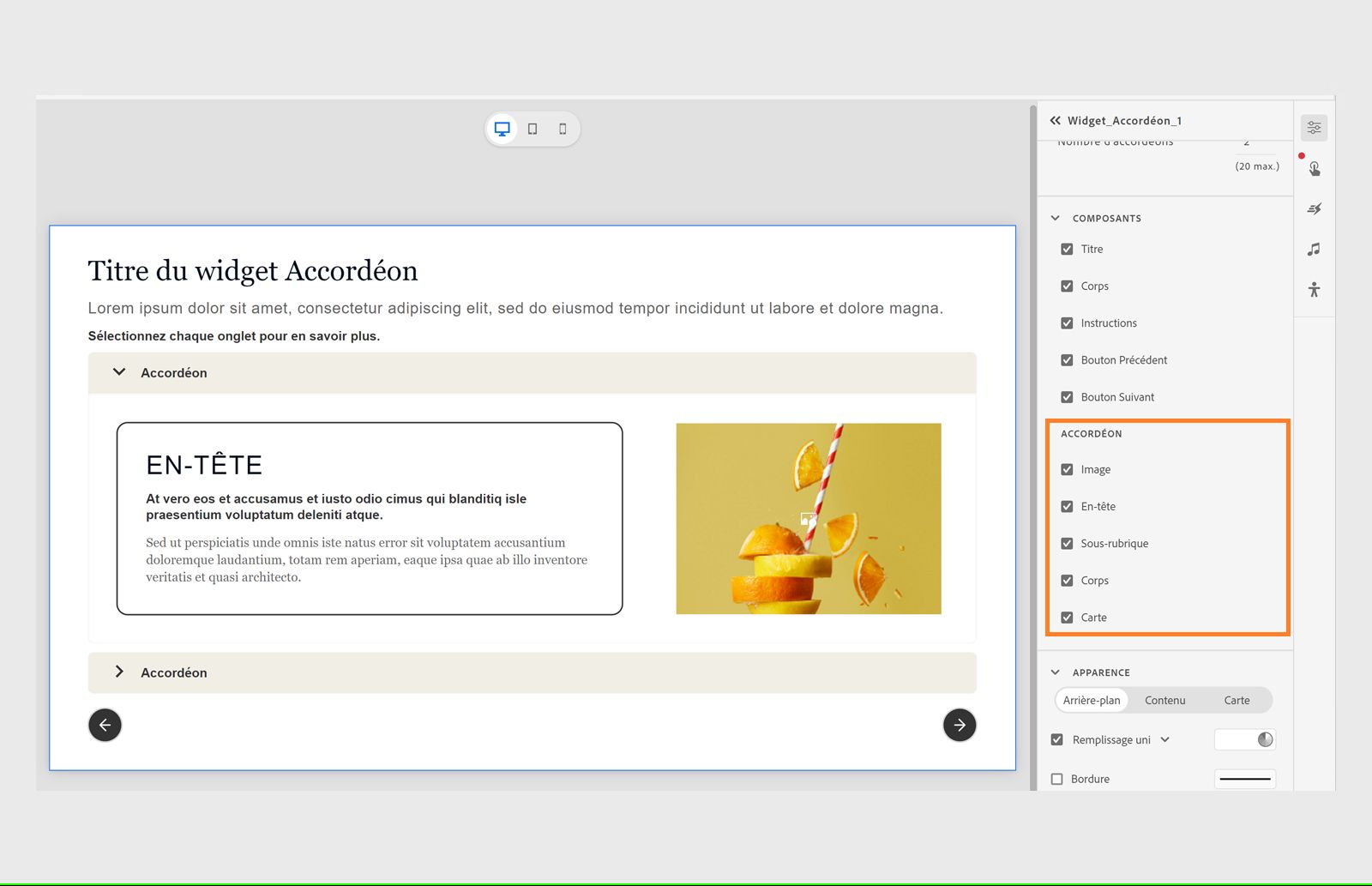 Composants d’un onglet d’accordéon