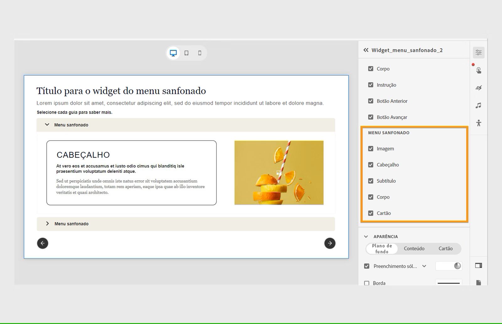 Componentes em uma guia do menu sanfonado